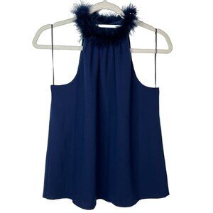 Trina Turk Top Womens Small Shirt Blouse Blue Halter Feathers Sleeveless Work